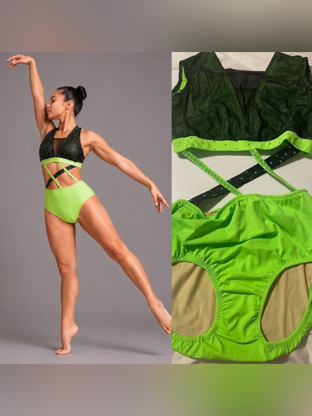 Custom dance solo costume neon green black 2 piece contemporary acro MA LA adult
